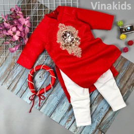 Set 3 chi tiết áo dài gấm cách tân bé gái  Vinakids hoa đính kim sa màu đỏ (2-14 tuổi)